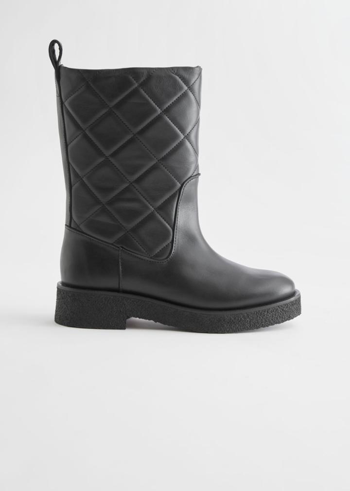 Other Stories Diamond Quilted Leather Boots - Black