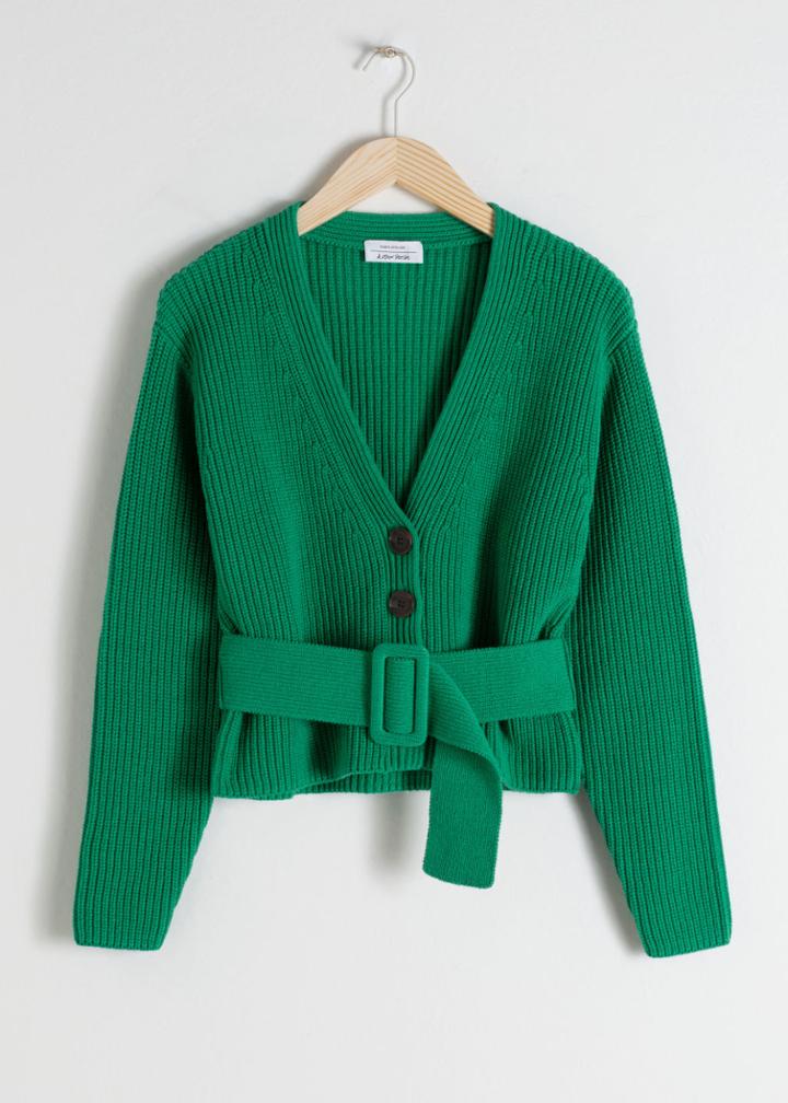 Other Stories Belted V-neck Cotton Cardigan - Green