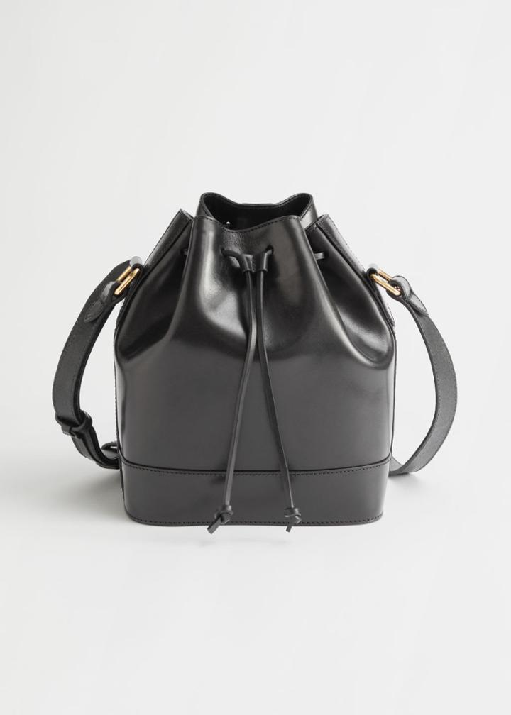 Other Stories Topstitched Leather Bucket Bag - Black