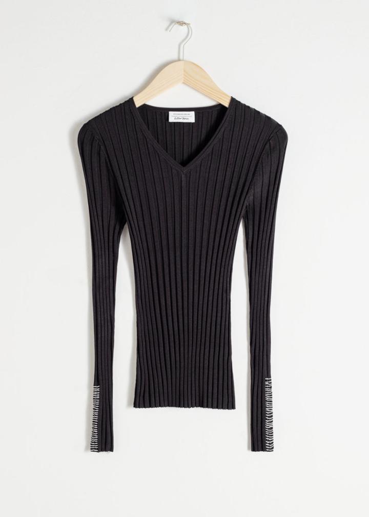 Other Stories Fitted V-neck Ribbed Top - Black