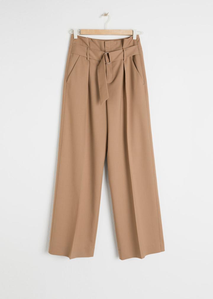Other Stories Wool Blend Belted Trousers - Beige