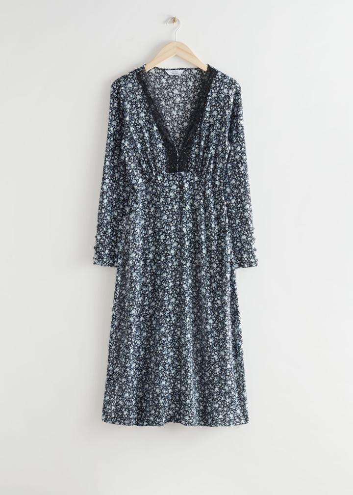 Other Stories Buttoned Floral Print Lace Midi Dress - Black
