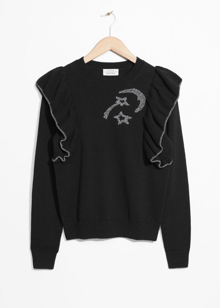 Other Stories Ruffle Shoulder Embroidered Pullover - Black