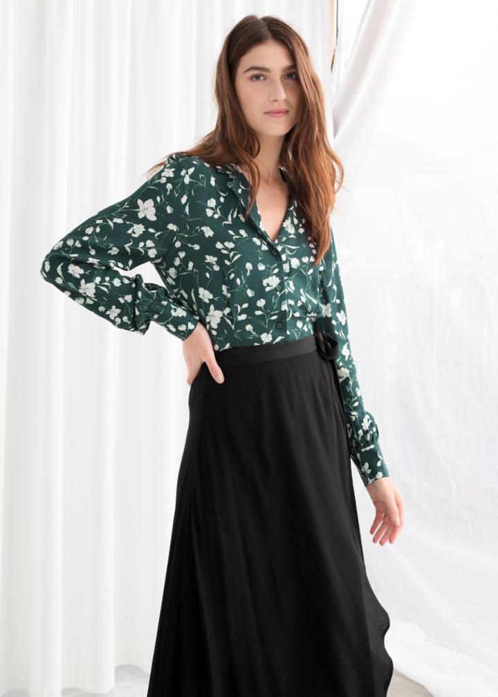 Other Stories Printed V-cut Button Up Blouse - Green