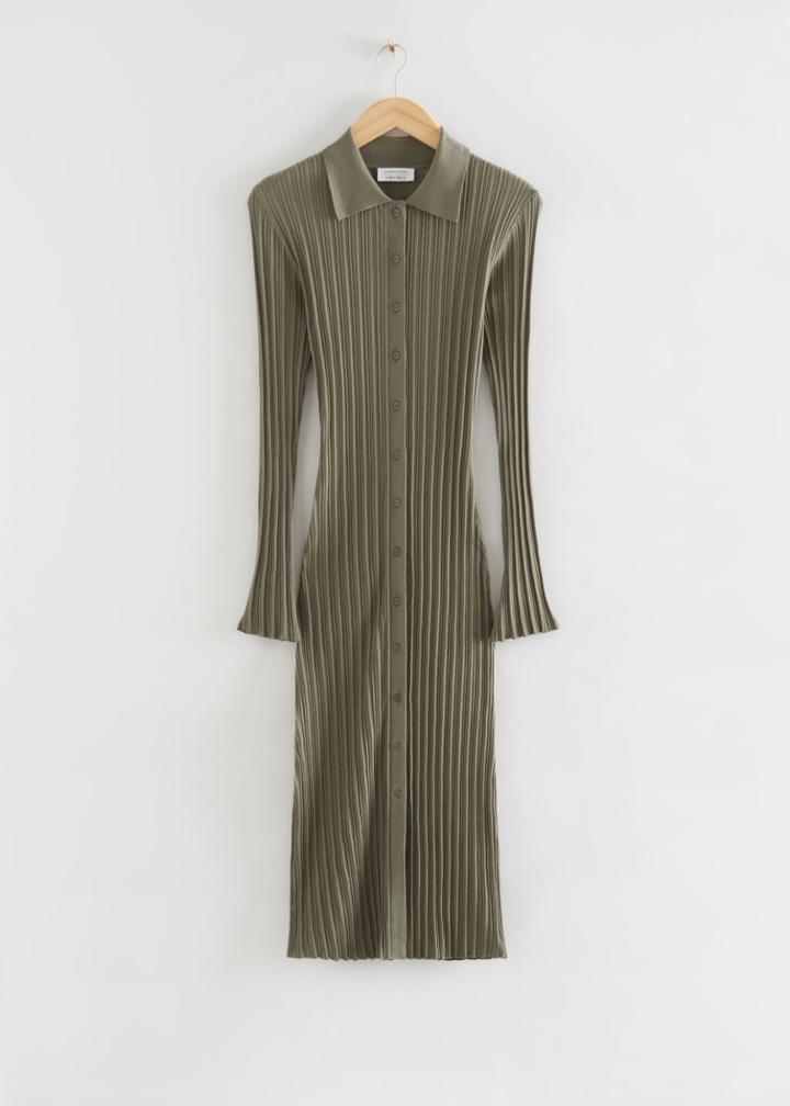 Other Stories Fitted Midi Ribbed Shirt Dress - Green