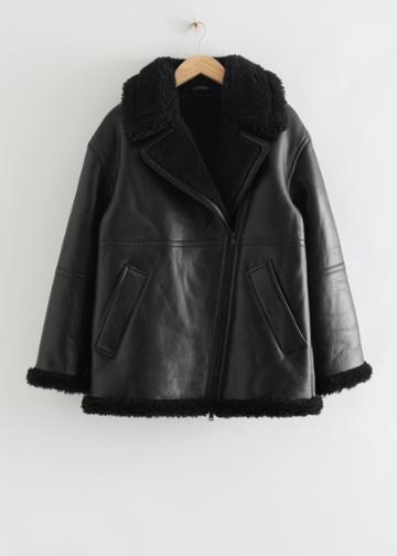 Other Stories Oversized Leather Shearling Jacket - Black