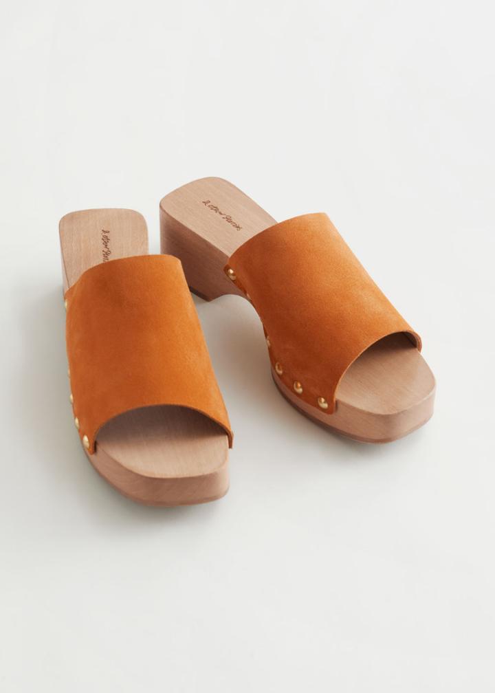 Other Stories Studded Suede Wooden Clogs - Orange