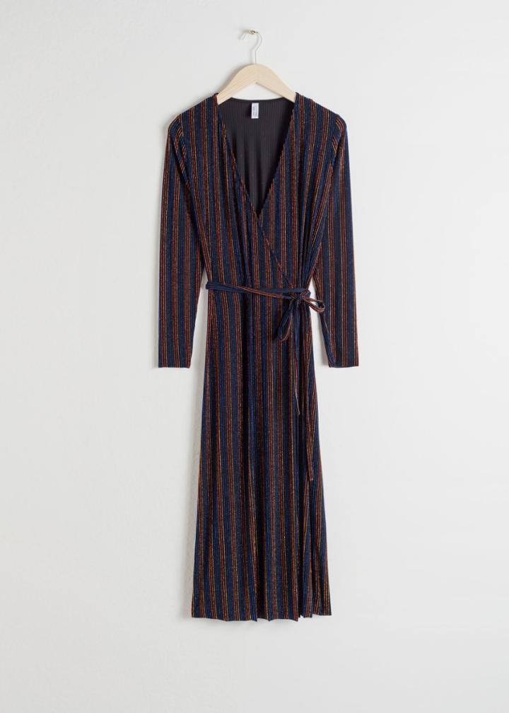 Other Stories Glitter Stripe Wrap Midi Dress - Black