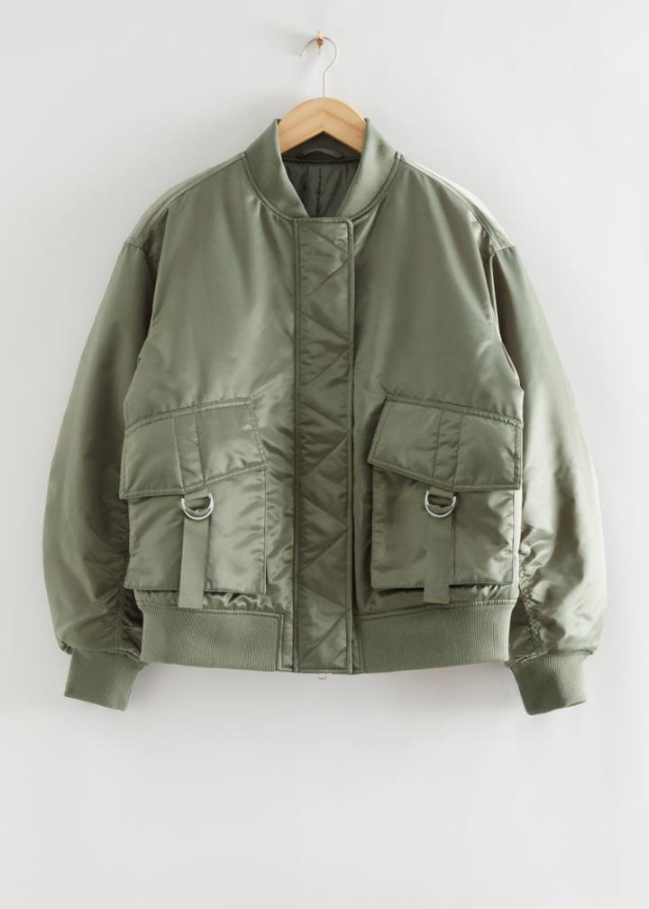 Other Stories Oversized Satin Bomber Jacket - Green