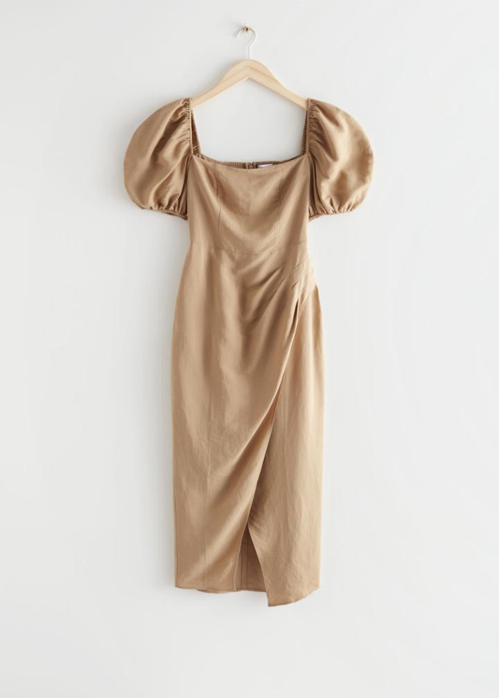 Other Stories Fitted Puff Sleeve Midi Dress - Beige