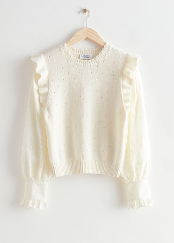 Other Stories Knitted Ruffle Embroidery Sweater - White