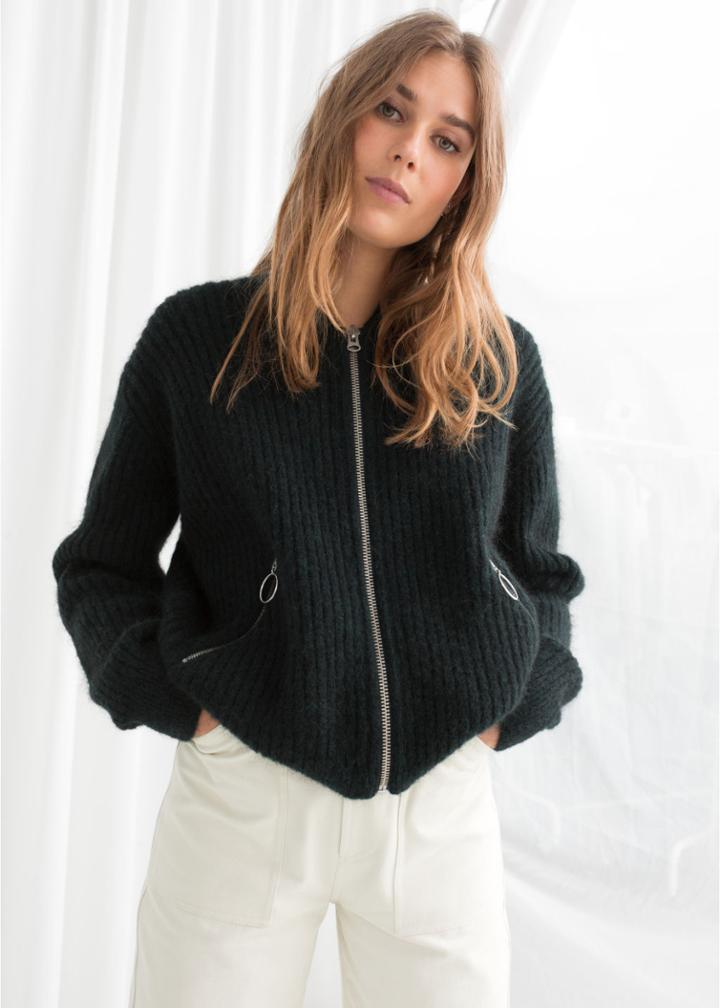 Other Stories Wool Blend Knit Bomber - Green