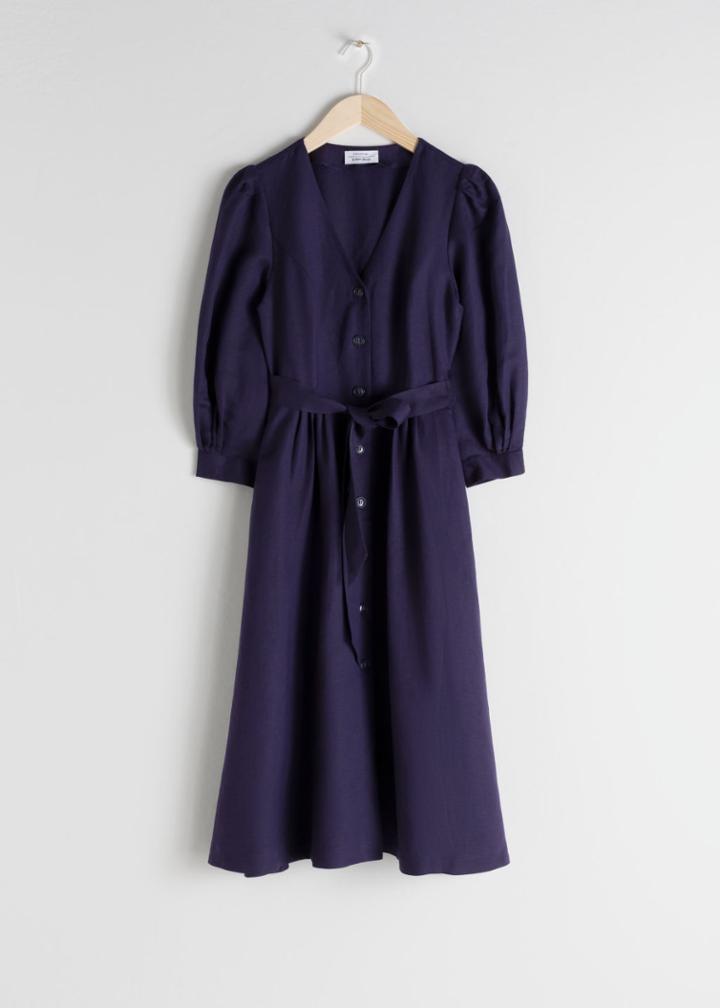 Other Stories Belted Linen Blend Midi Dress - Purple