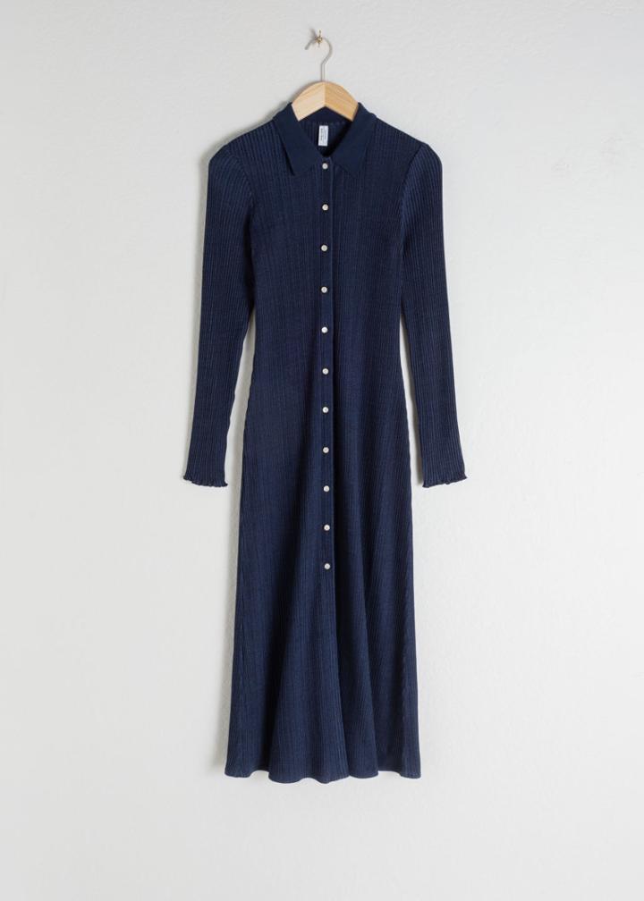 Other Stories Ribbed Cotton Blend Midi Dress - Blue