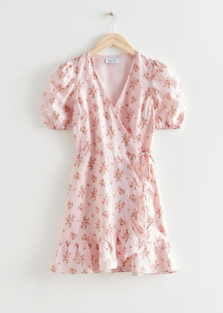 Other Stories Puff Sleeve Wrap Mini Dress - Orange