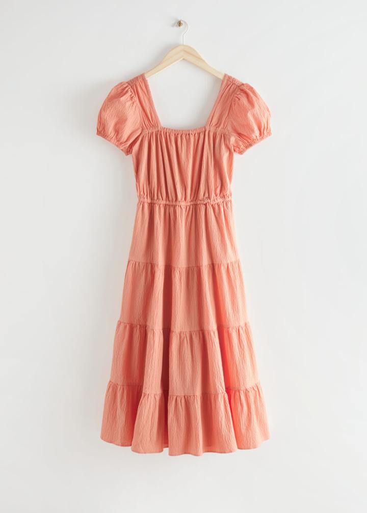 Other Stories Tiered Puff Sleeve Cotton Midi Dress - Orange