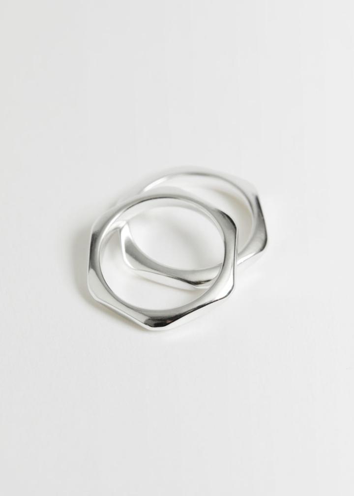 Other Stories Rounded Hexagon Ring Set - Silver