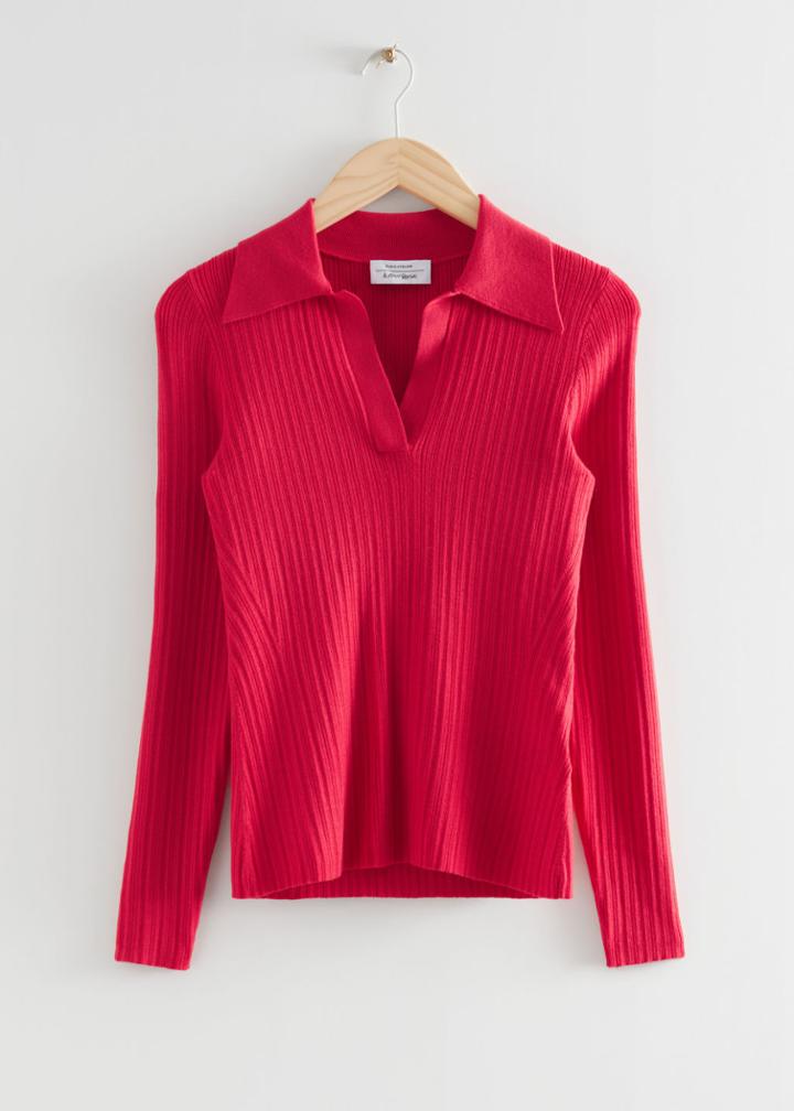 Other Stories Fitted Ribbed Polo Top - Red