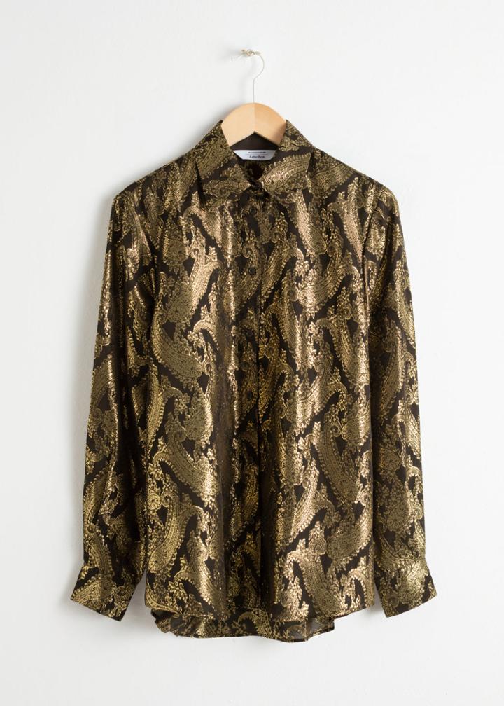 Other Stories Metallic Jacquard Lounge Shirt - Gold