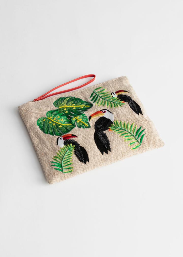 Other Stories Tropical Toucan Embroidered Clutch - Green