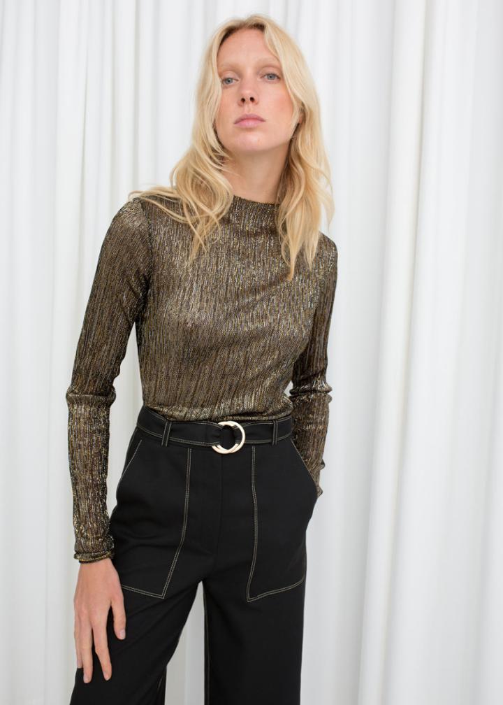 Other Stories Metallic Pliss Pleated Top - Black