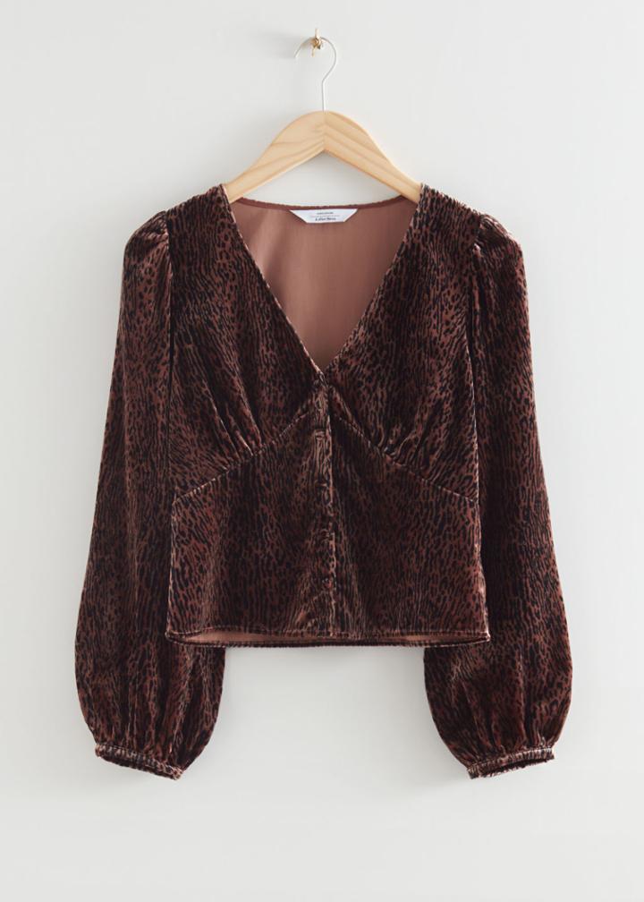 Other Stories Fitted Velvet Puff Sleeve Blouse - Brown