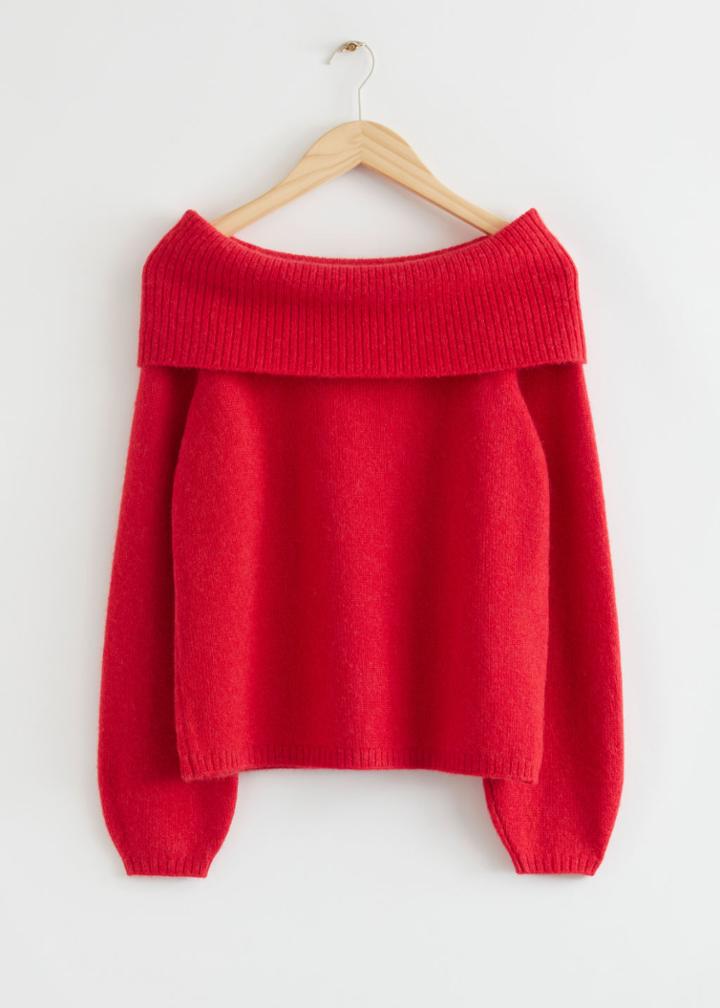 Other Stories Chunky Off Shoulder Wool Sweater - Red