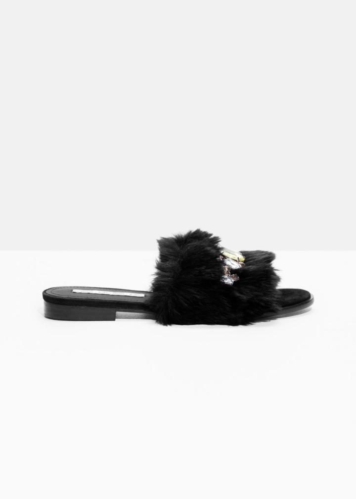 Other Stories Gemstone Faux Fur Slippers - Black