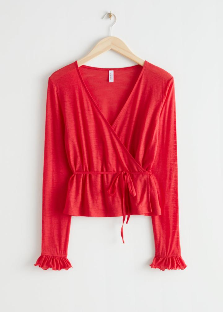 Other Stories Ruffle Cuff Wrap Top - Red
