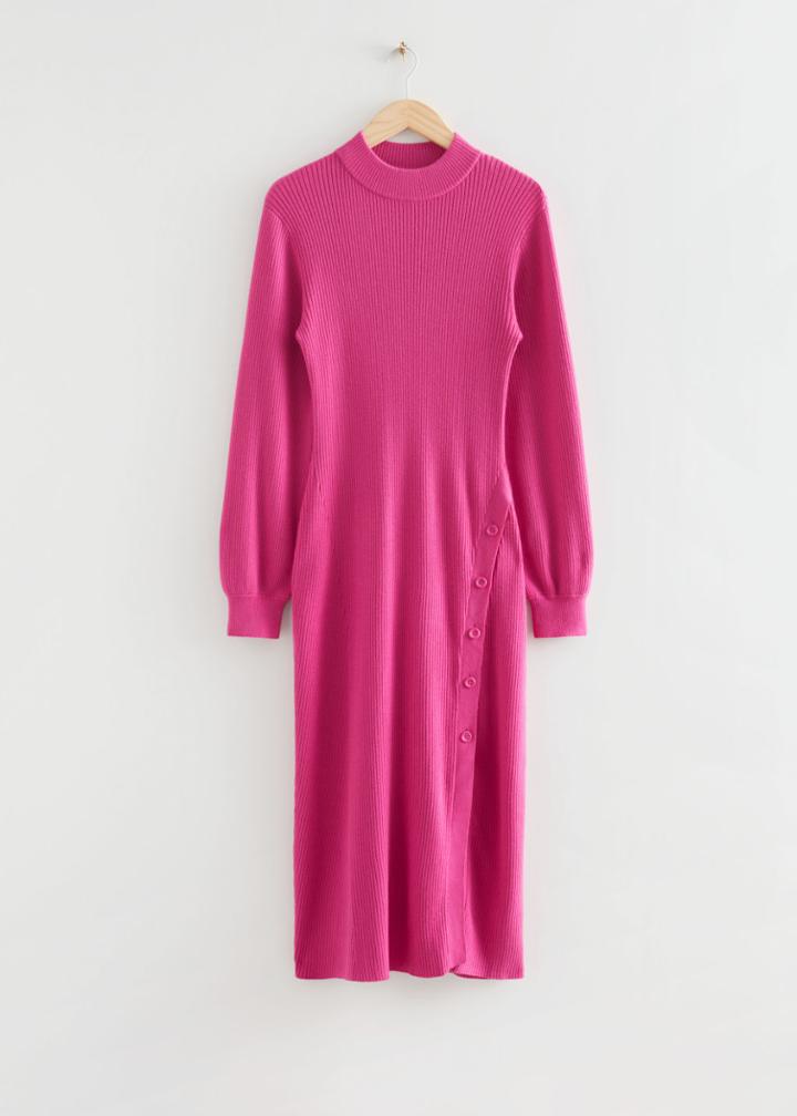 Other Stories Buttoned Rib Knit Dress - Pink