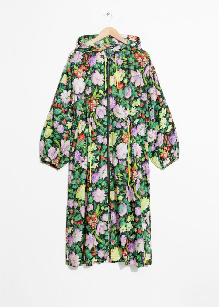Other Stories Wild Flowers Print Long Coat With Hood - Black