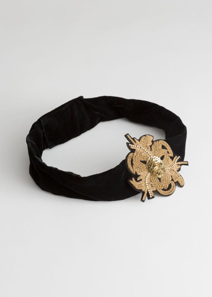 Other Stories Embellished Velvet Belt - Black