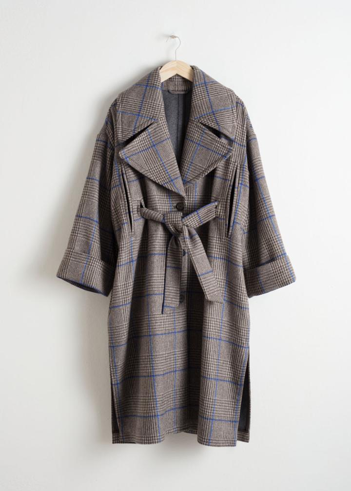 Other Stories Belted Plaid Coat Cape - Grey