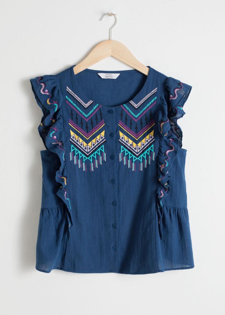 Other Stories Cotton Sleeveless Embroidered Blouse - Blue