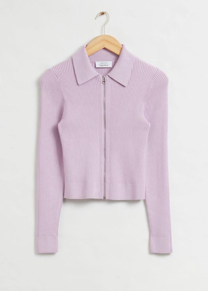 Other Stories Cropped Zip Front Ribbed Cardigan - Purple