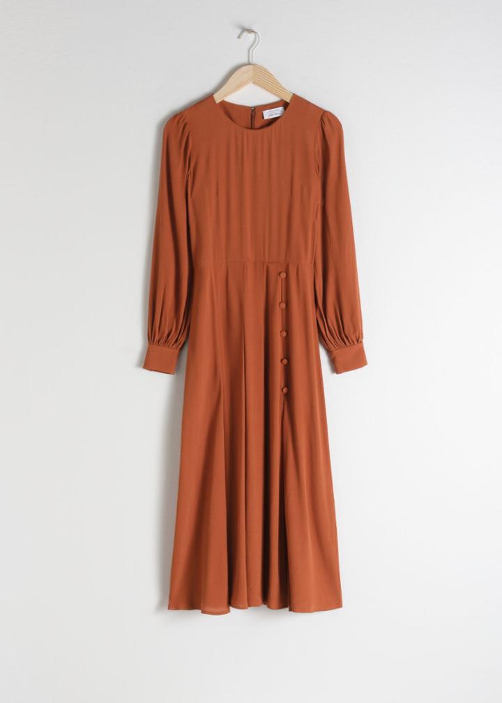 Other Stories Long Sleeve Button Slit Midi Dress - Orange