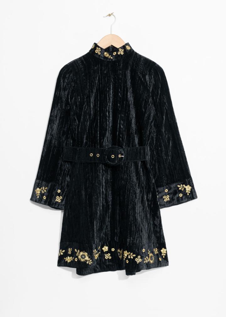 Other Stories Velveteen Embroidery Dress - Black
