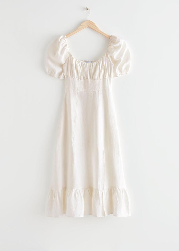 Other Stories Puff Sleeve Linen Midi Dress - White