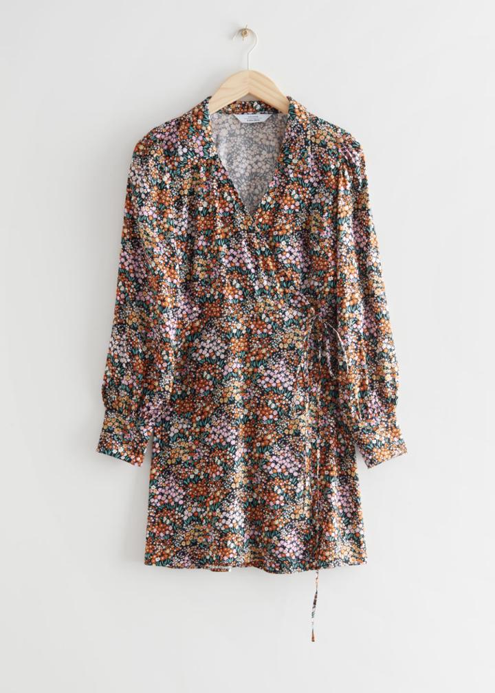 Other Stories Printed Wrap Mini Dress - Beige
