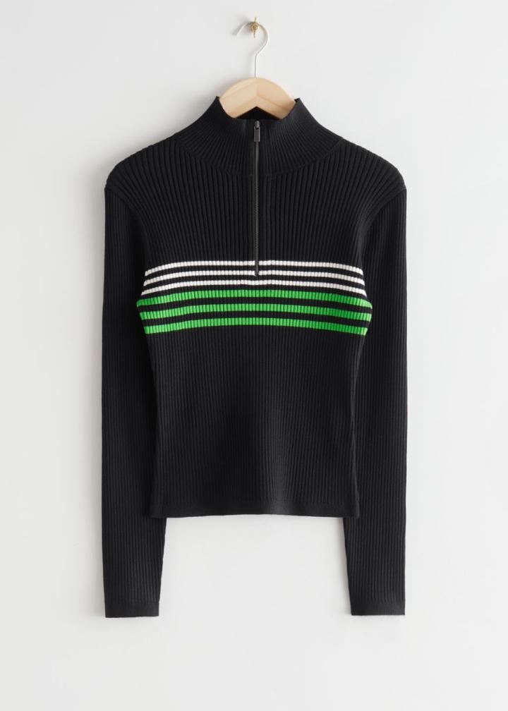 Other Stories Slim Ribbed Zip Top - Black