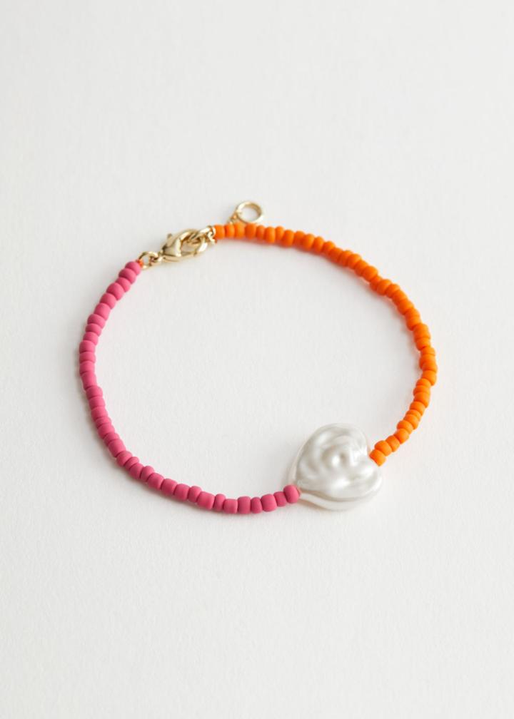Other Stories Beaded Heart Charm Bracelet - Pink