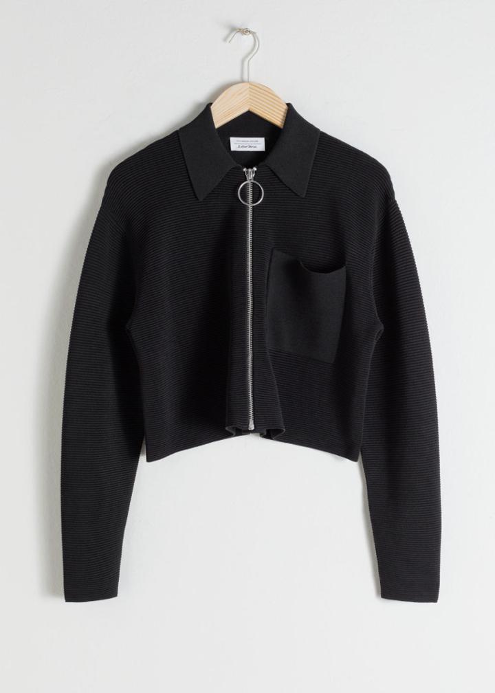 Other Stories Cropped Rib Knit Jacket - Black