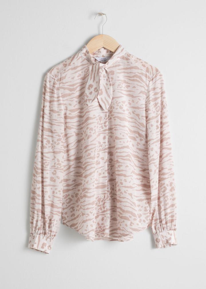 Other Stories Animal Print Pussy Bow Blouse - White