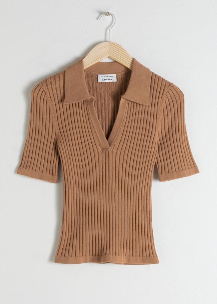 Other Stories Stretch Micro Knit Polo Top - Beige