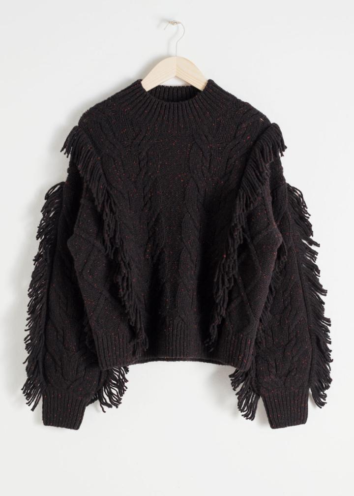 Other Stories Cable Knit Fringe Sweater - Black