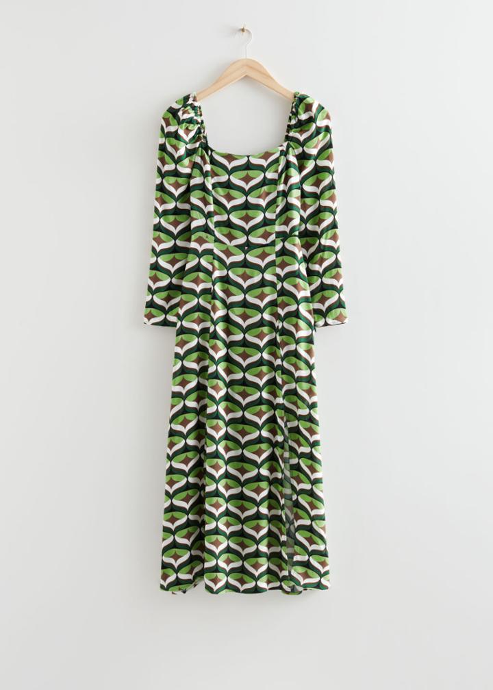 Other Stories Printed Puff Sleeve Midi Dress - Green