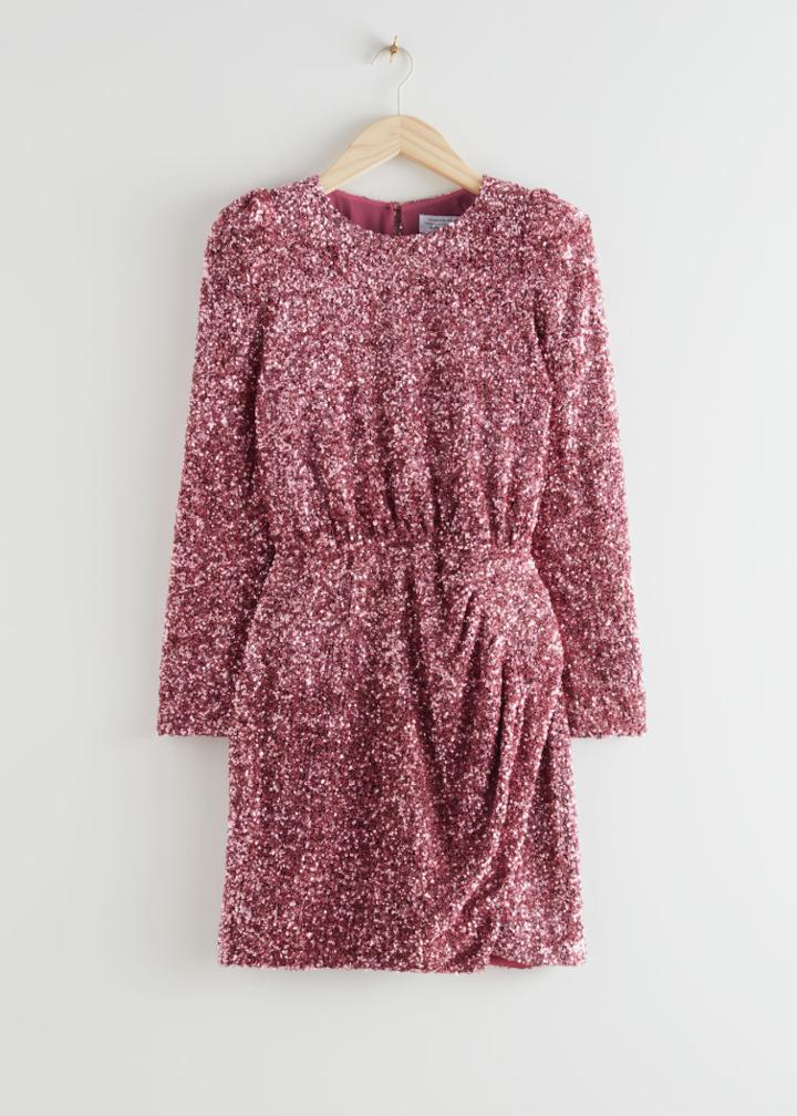 Other Stories Padded Shoulder Sequin Dress - Pink