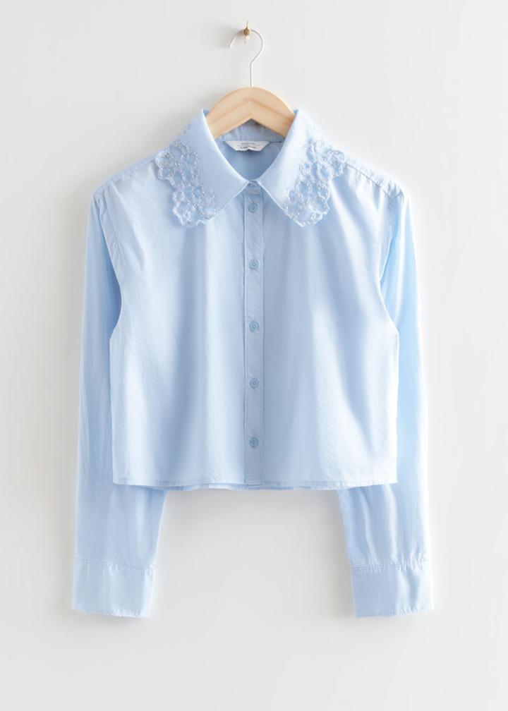 Other Stories Cropped Floral Embroidery Shirt - Blue