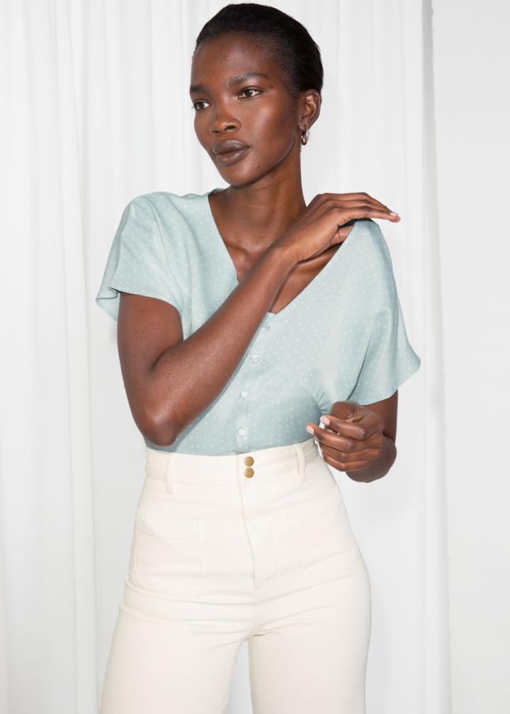 Other Stories Micro Dot Button Up Blouse - Turquoise