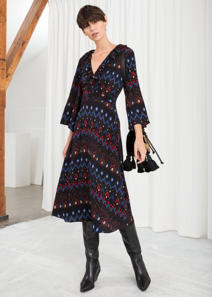 Other Stories Plunging Printed Midi Dress - Black